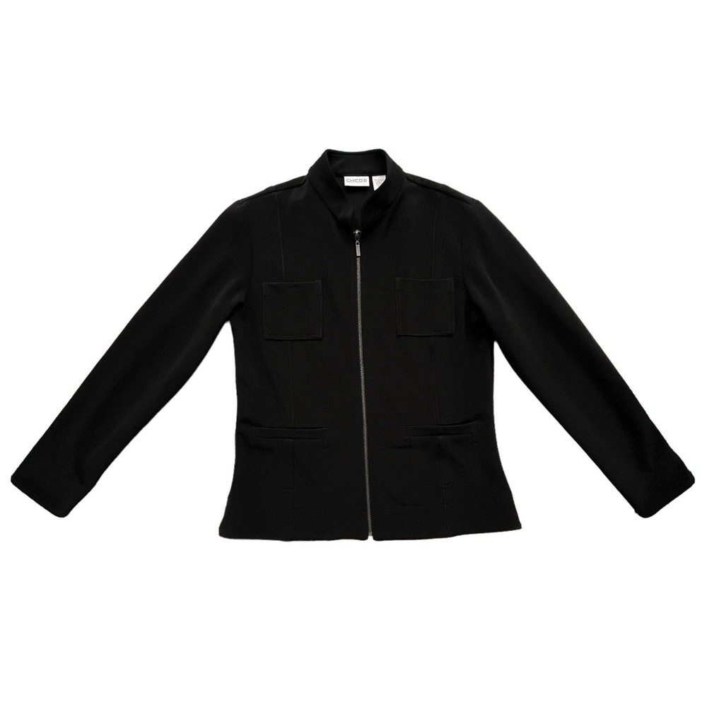 Chicos 0 Womens S Black Full Zip Pockets Stretch Mock Neck Utility Jacket Preppy